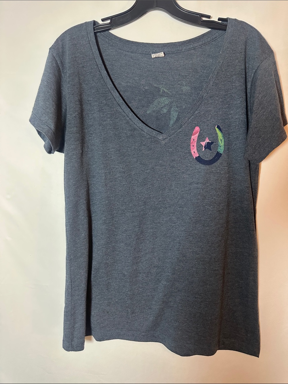 Women's V-Neck Short Sleeve Tee - Gray with Multicolor Accent